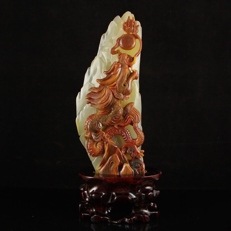 Chinese Huang Long Jade Statue - Dragon & Fireball (1 of 6)