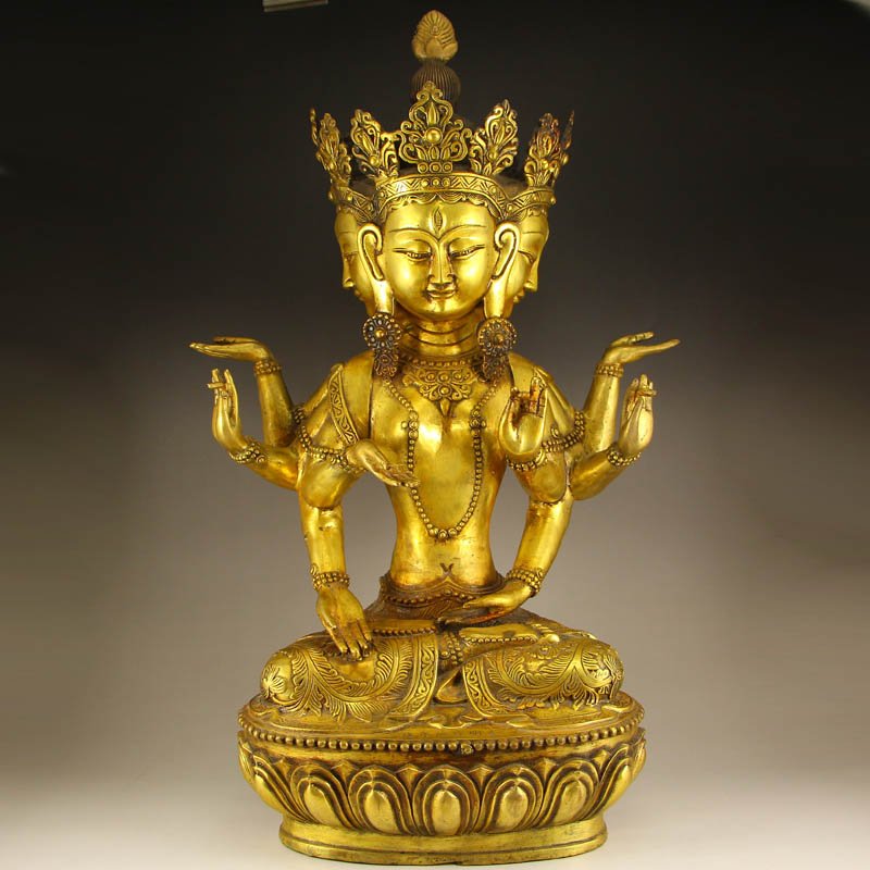 Chinese Gilt Gold Bronze Eight Arm Kwan-yin Statue: 中國明代 鎏金青銅 八臂觀音雕像 Chinese Ming Dynasty Gilt Gold Bronze Eight Arm Kwan-yin Statue Dimension: 515x320x16
