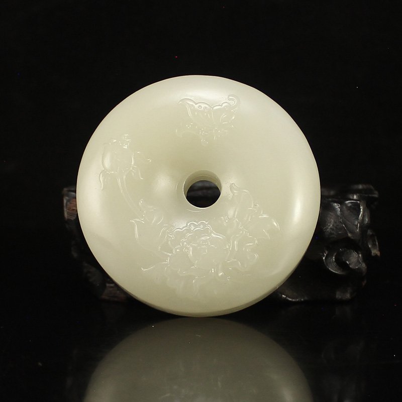 Chinese Hetian Jade Pendant w Peony & Butterfly: Chinese Hetian Jade Pendant w Peony & Butterfly Dimension: 58x58x15(mm) 2.28x2.28x0.59(inches) Weight 0.21 lbs/97 g The total weight does not include the base. The base is not included after you have 