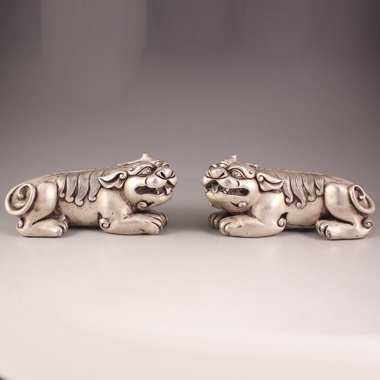 A Pair Chinese White Copper Fortune Beast Statue (1 of 6)