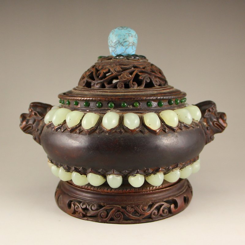 Chinese Bronze Inlay Jade & Turquoise Incense Burner: 中國清代 青銅鑲嵌玉石和綠松石香爐 Chinese Bronze Inlay Jade & Turquoise Incense Burner w Qianlong MarkDi