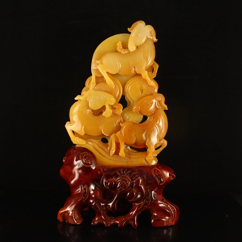Superb Chinese Huang Long Jade Three Sheep Statue (1 of 6)