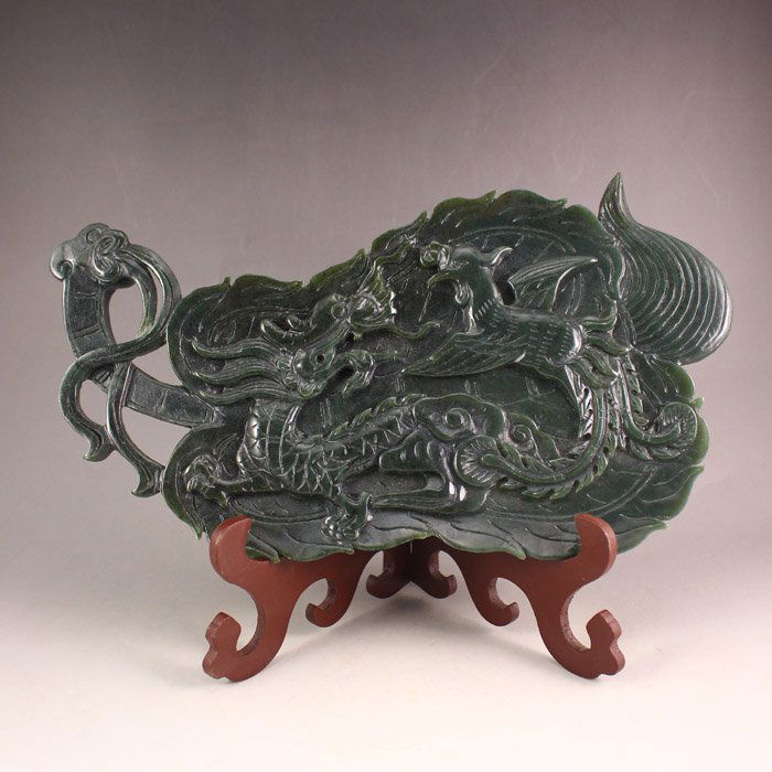Chinese Green Hetian Jade Statue - Dragon & Phoenix (1 of 8)
