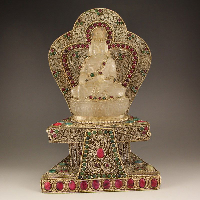 Tibet Crystal Buddha Statue w Silver Inlay Gems Stand (1 of 10)