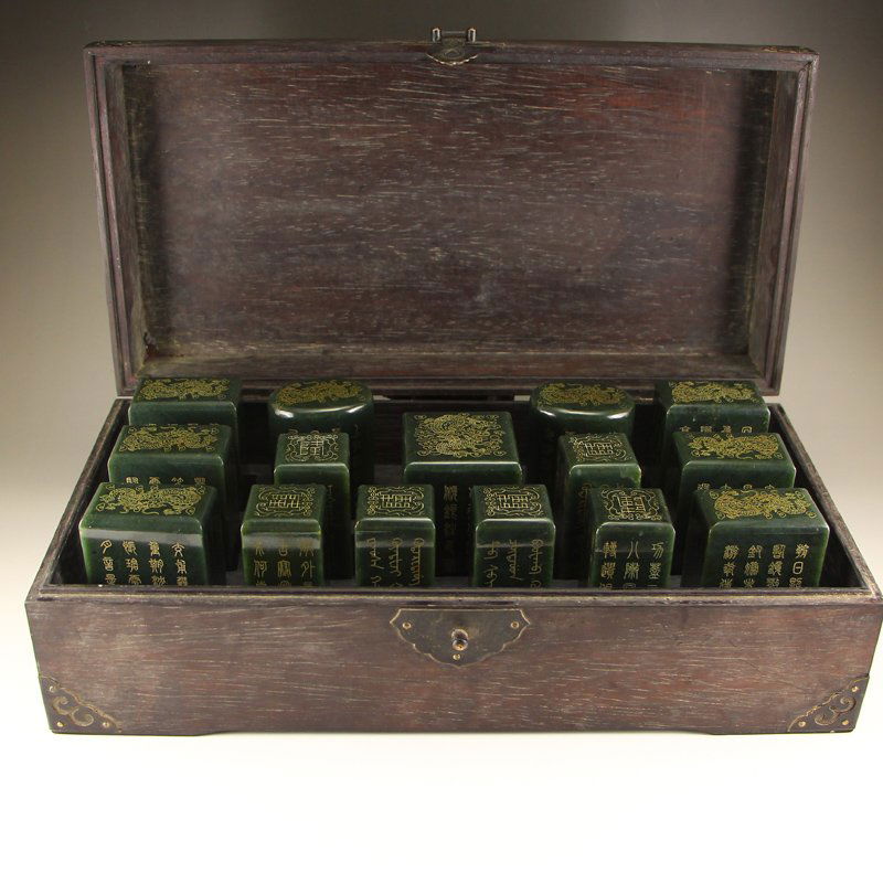 Chinese Green Hetian Jade Seals & Zitan Wood Box (1 of 10)
