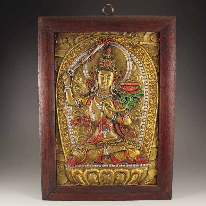 Chinese Tibet Gilt Red Copper Tangka Zitan Wood Frame (1 of 5)