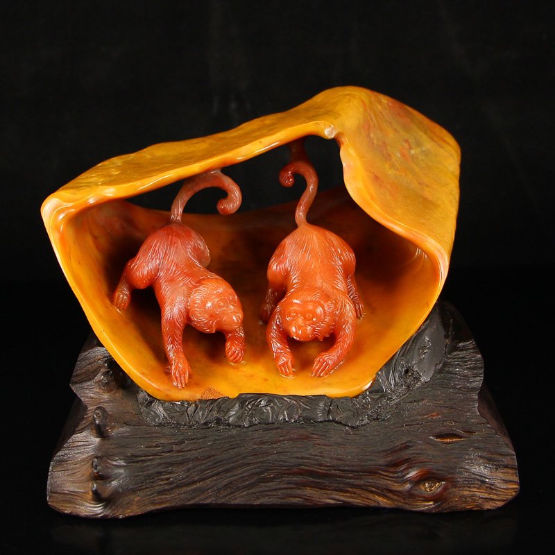 Chinese Natural Shoushan Stone Fortune Monkeys Statue (1 of 8)