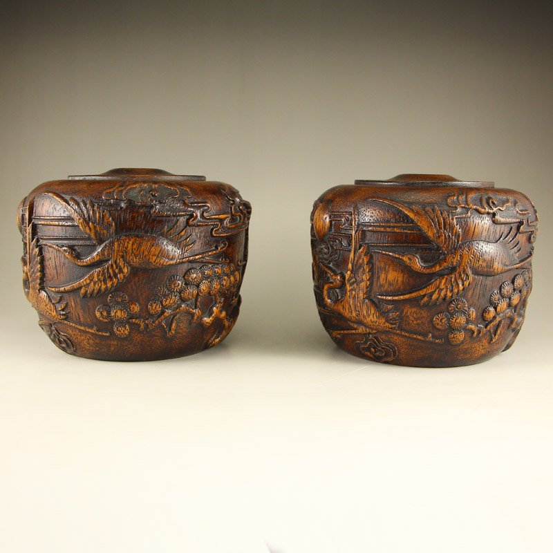 A Pair Chinese Zitan Wood I-go pot w Crane & Pine Tree (1 of 6)