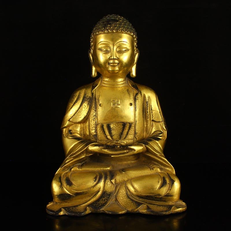 Chinese Gilt Gold Bronze Shakya Mani Buddha Statue: 中國明代 鎏金青銅釋迦摩尼佛雕像 Chinese Ming Dynasty Gilt Gold Bronze Shakya Mani Buddha Statue Dimension:195x