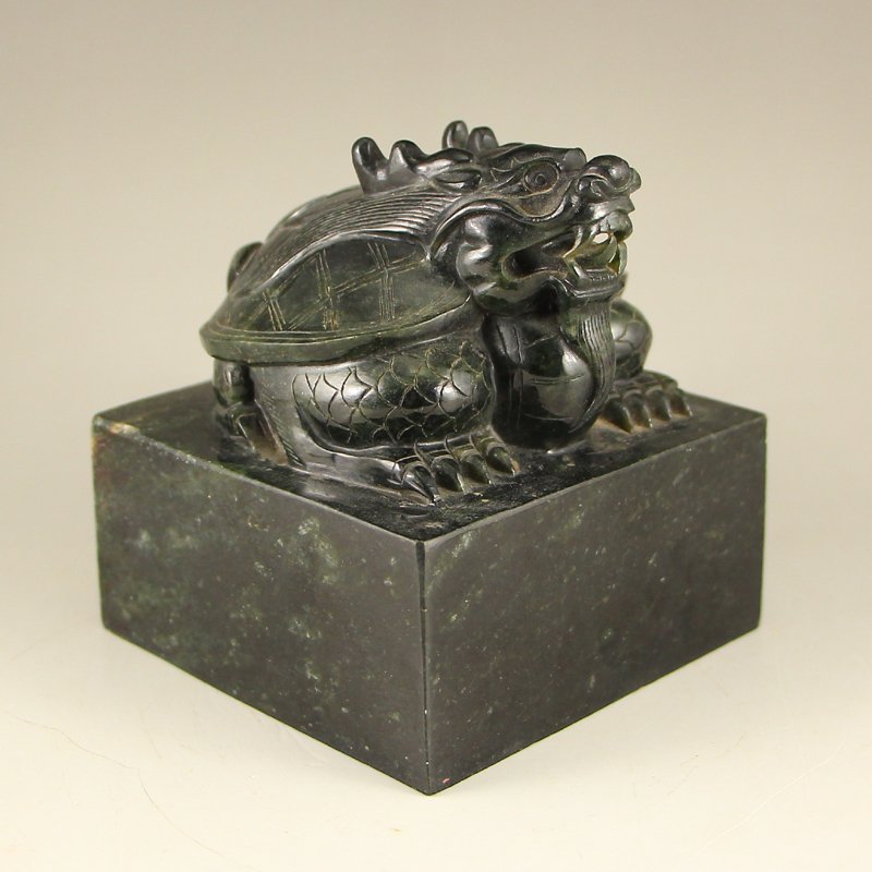 Vintage Chinese Green Hetian Jade Dragon Turtle Seal (1 of 6)
