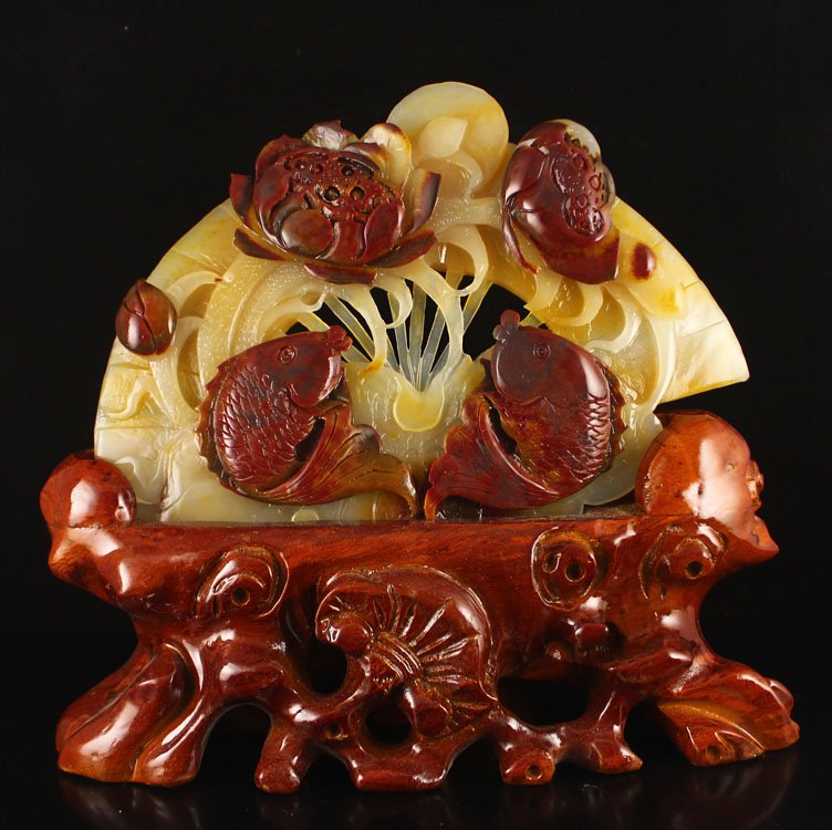 Chinese Natural Jade Statue - Fish & Lotus Flower (1 of 7)