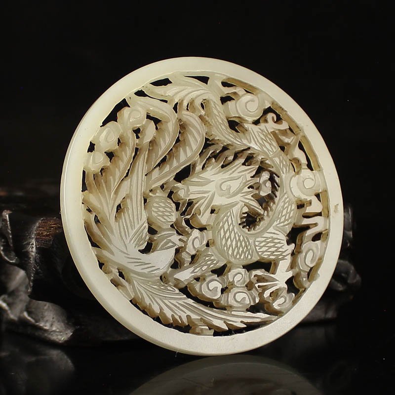 Openwork Chinese Hetian Jade Dragon & Phoenix Pendant (1 of 5)