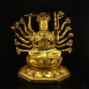 China Tibet Gilt Gold Bronze Cundhi Bodhisattva Statue: 中國明代 鎏金青銅西藏準提菩薩雕像 Ming Dynasty Chinese Tibet Gilt Gold Bronze Buddhist Cundhi Bodhisattv