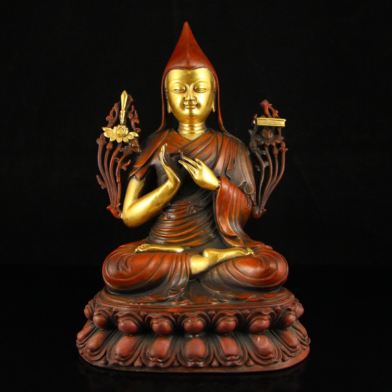 Chinese Tibet Gilt Gold Red Copper Tsongkhapa Statue (1 of 9)