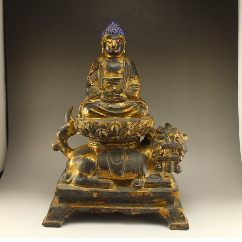 Chinese Gilt Gold Bronze Bodhisattva Manjusri Statue (1 of 7)