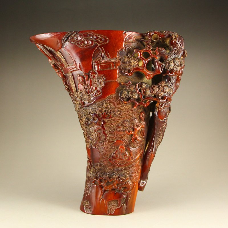 Openwork Chinese Qing Dynasty Ox Horn Cup Statue (1 of 10)