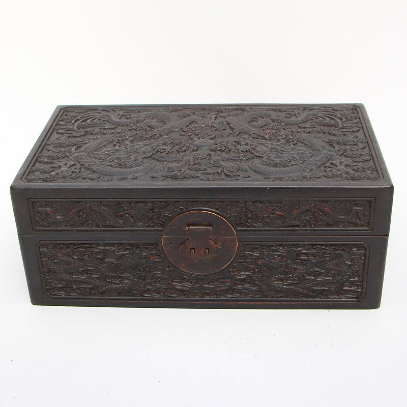 Vintage Chinese Zitan Wood Jewel Box w Dragons & Balls (1 of 8)