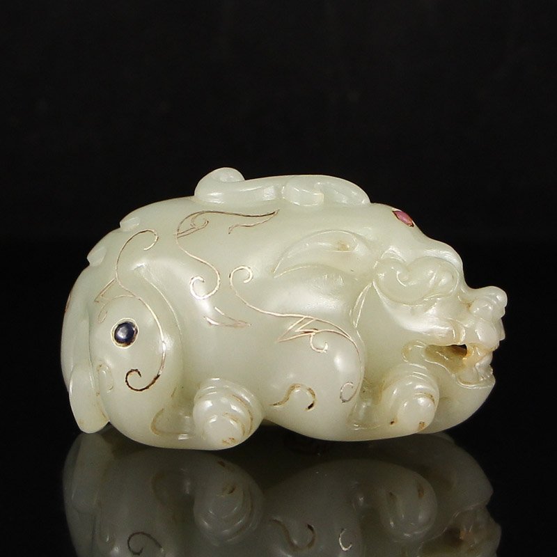 Hetian Jade Inlay Silver Wire &Gem Fortune Beast Statue (1 of 10)