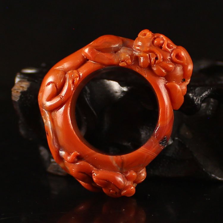 Chinese Nan Hong Agate Ring w Foo Dog & Certificate (1 of 8)
