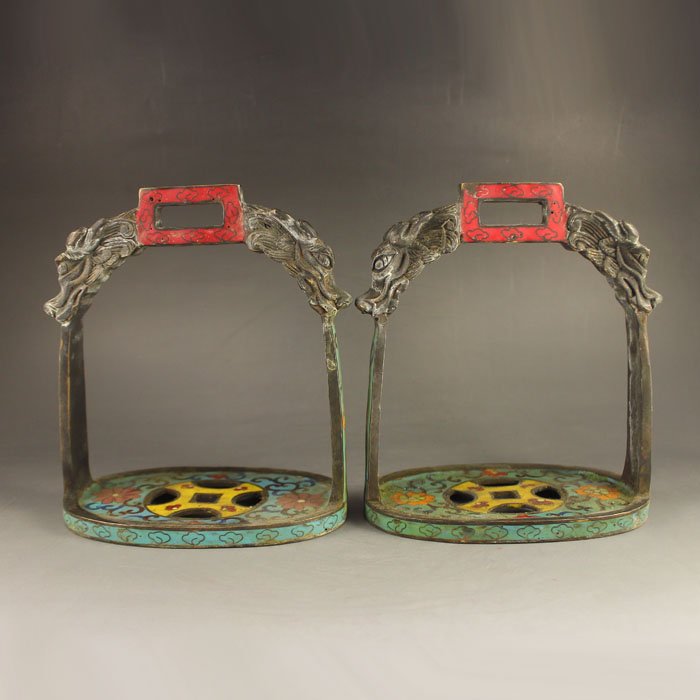 A Pair Chinese Bronze Cloisonne Stirrups (1 of 7)