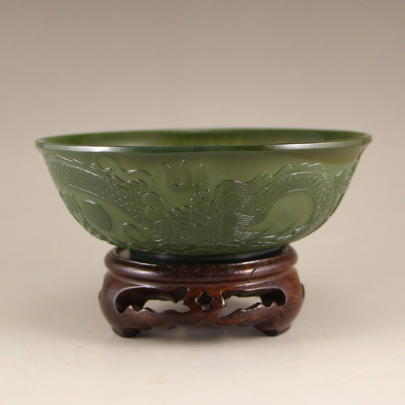 Chinese Qing Dy Green Hetian Jade Bowl w Fortune Dragon (1 of 8)