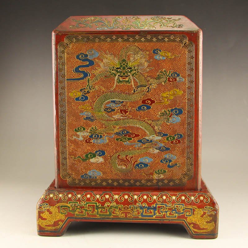 Chinese Hard Wood Lacquerware Lucky Dragons Seal Box (1 of 6)