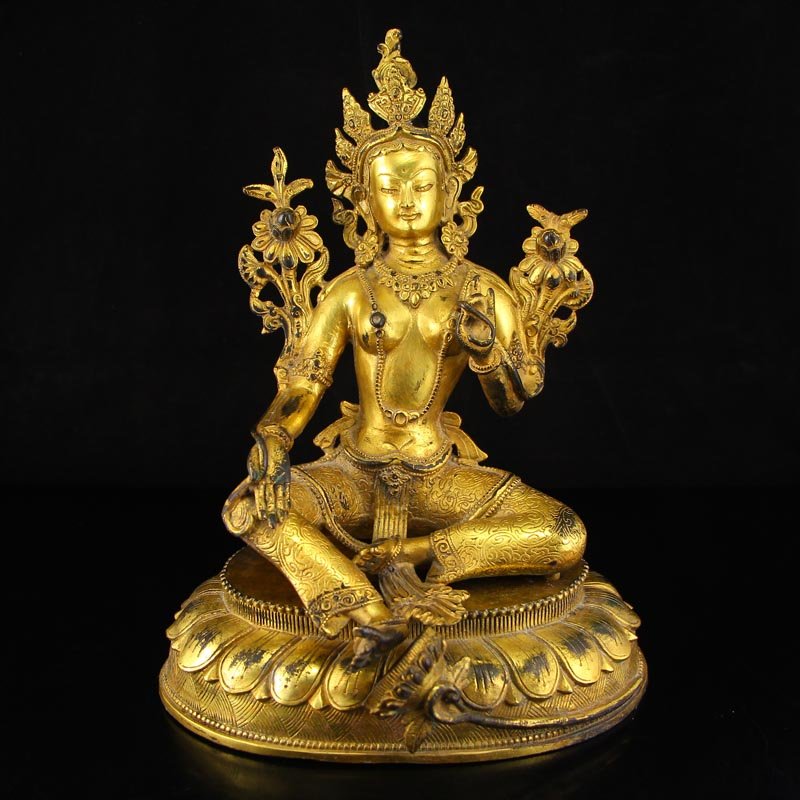 Chinese Ming Dynasty Gilt Gold Bronze Green Tara Statue (1 of 10)