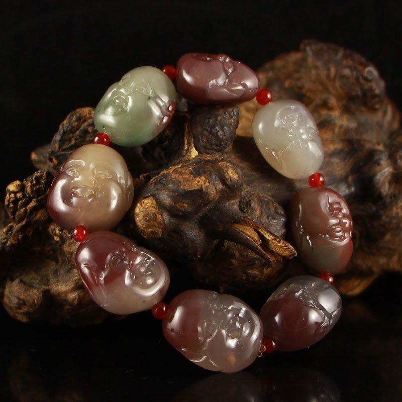 Chinese Natural Agate Buddha Heads Bracelet (1 of 5)