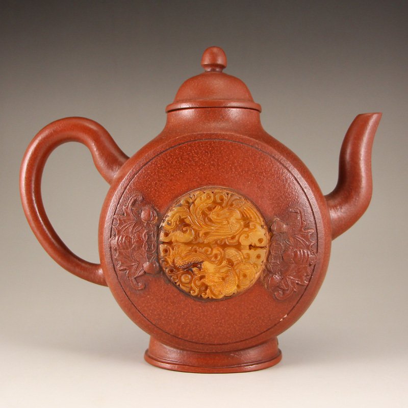 Chinese Qing Dy Yixing Zisha Clay Inlay Jade Teapot (1 of 6)