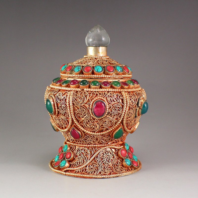 Chinese Silver Inlay Gem & Crystal Buddhist Sutras Box (1 of 7)