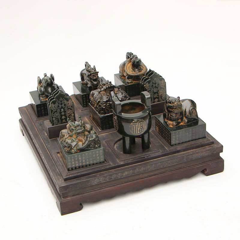 Chinese Qing Dy Green Hetian Jade Six Lucky Beast Seals (1 of 10)