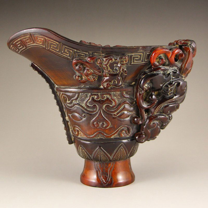 Chinese Qing Dynasty Ox Horn Chi Dragon Sacrificed Cup (1 of 9)