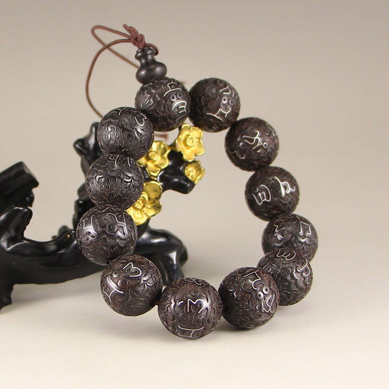 Chinese Zitan Wood Inlay Silver Wire Beads Bracelet (1 of 7)