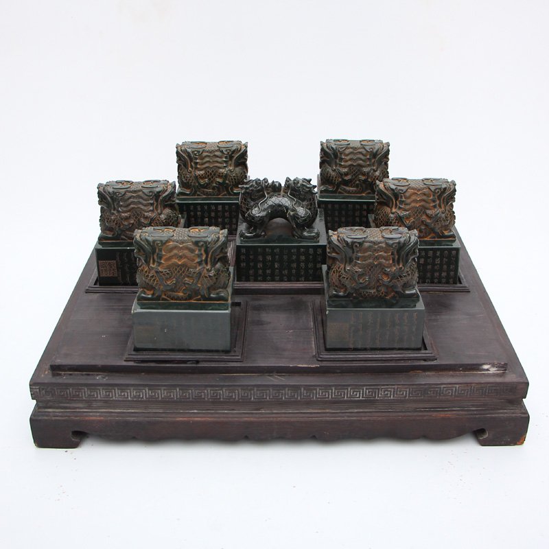 A Set Chinese Qing Dynasty Green Hetian Jade Seals (1 of 10)