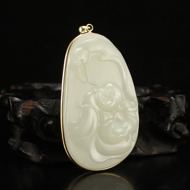 18K Gold Inlay Hetian Jade Laughing Buddha Pendant (1 of 5)