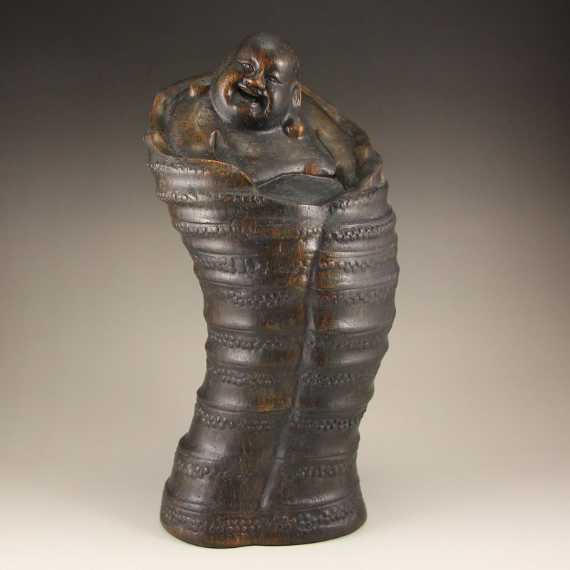 Vintage Chinese Chenxiang Wood Laughing Buddha Statue (1 of 7)