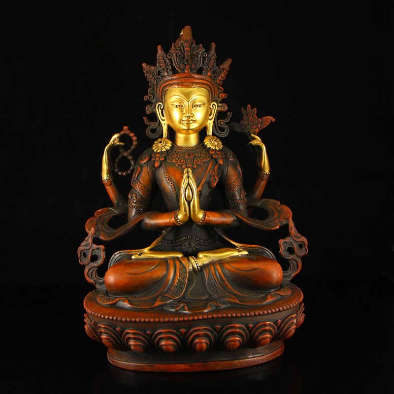 Tibet Gilt Gold Red Copper Four Arms Kwan-yin Statue (1 of 10)