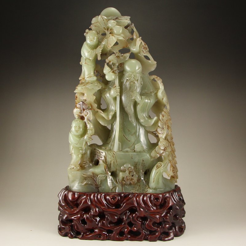 Chinese Qing Dy Hetian Jade Statue - Long Life Old Men (1 of 8)