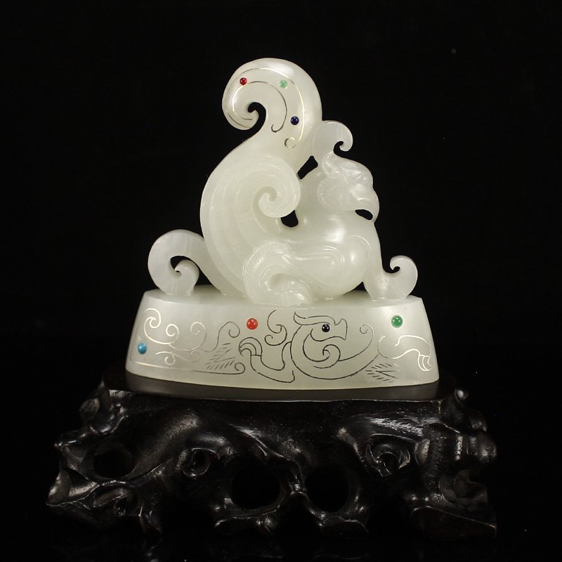 Hetian Jade Inlay Silver Wire & Tourmaline Phoenix Seal (1 of 7)