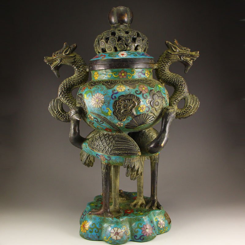 Chinese Bronze Cloisonne Double Dragons Incense Burner (1 of 10)
