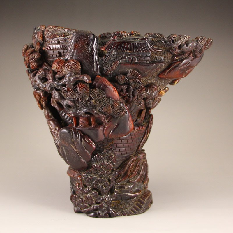 Chinese Ming Dynasty Ox Horn Sacrificed Cup: 中國 明 宣德 高浮雕 角雕杯子 Chinese Ming Dynasty Ox Horn Sacrificed Cup w Xuande Maek Dimension: 175x170x110(mm)6.89x6.69x4.33(