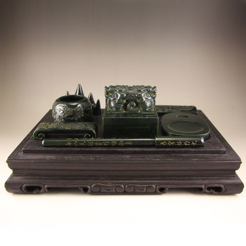 A Set Chinese Hetian Jade Handwriting Tool & Seal (1 of 10)