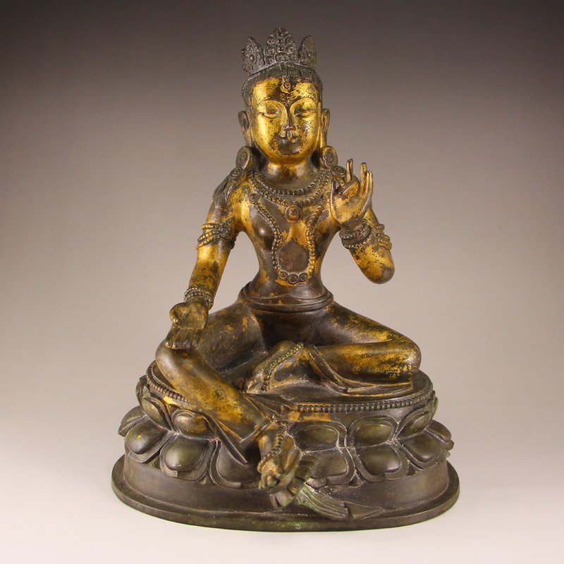 Chinese Ming Dynasty Gilt Gold Red Copper Tara Statue (1 of 10)