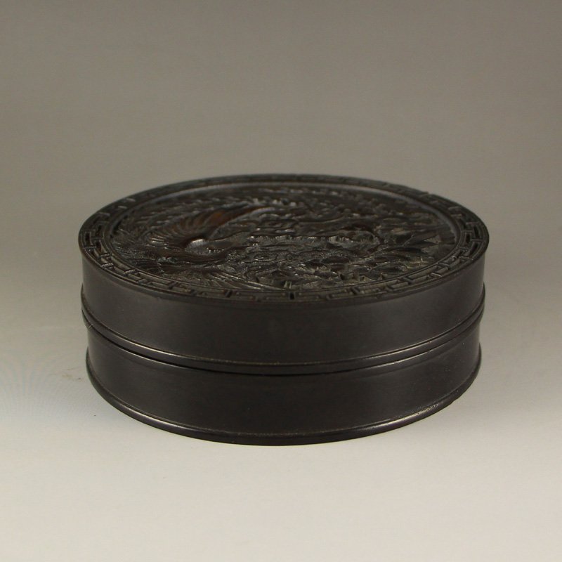 Chinese Zitian Wood Inkpad Box w Phoenix & Peony (1 of 5)