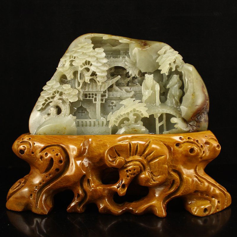 Chinese Natural Hetian Jade Statue - Sages & Pine Tree (1 of 7)