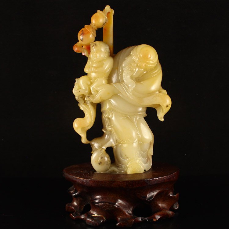 China Huang Long Jade Statue - Long Life Old Men & Kid (1 of 6)