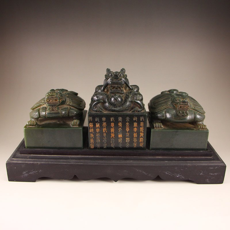 A Set Vintage Chinese Qing Dy Green Hetian Jade Seals (1 of 10)