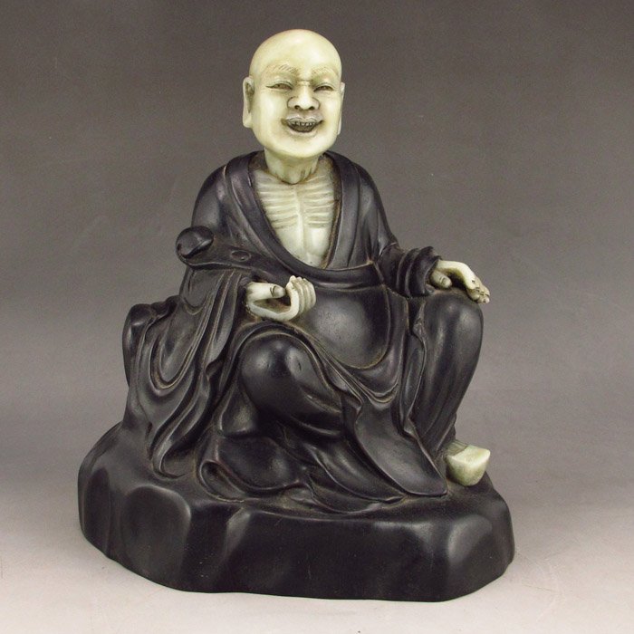 Chinese Ebony Wood Inlay Soapstone Stone Buddha Statue (1 of 7)