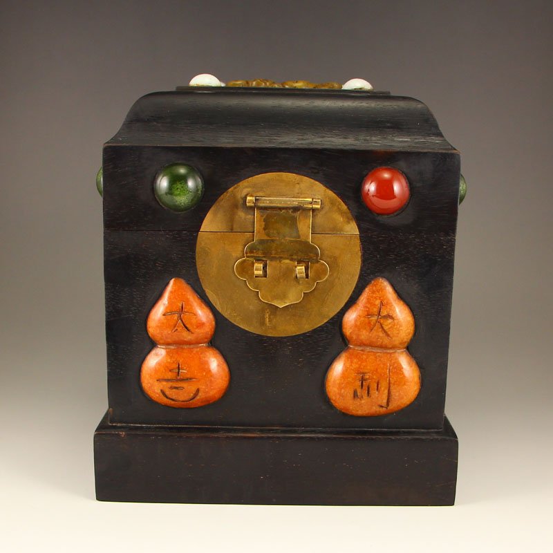 Chinese Zitan Wood Inlay Jade,Agate,Turquoise Jewel Box (1 of 9)