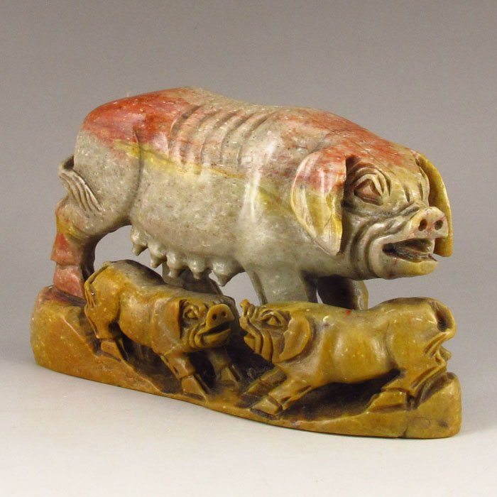 Chinese Shoushan Stone Lucky Pigs Statue (1 of 5)